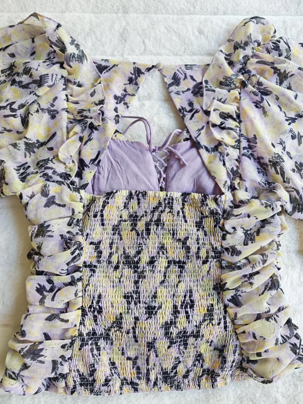 Free People Floral Ruched Blouse Top Puff Sleeve Tie Front Cottagecore Boho Roma - Picture 12 of 13